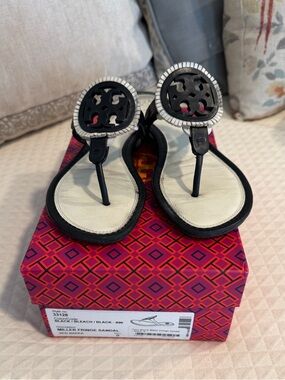 Tory Burch Miller fringe Black and White Women's sandals